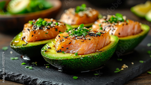A plate of four avocado halves with salmon inside. The salmon is covered in sesame seeds and garnished with parsley. The plate is set on a black table