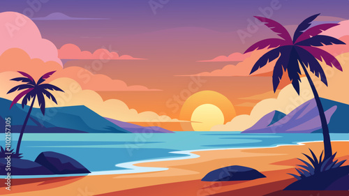 Vibrant sunset over a tropical beach with palm trees and calm waters in summer