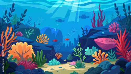 Vibrant coral reef thriving under deep blue ocean waters with serene marine life and sunlight filtering through the surface