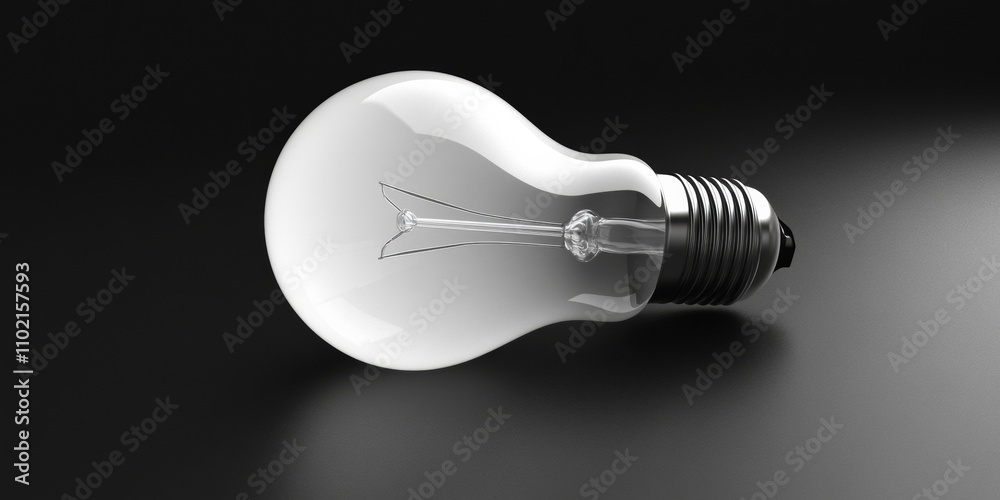 A glowing 3D-rendered light bulb icon with a clear glass finish, resting on a matte black surface with soft light reflections A glowing 3D-rendered light bulb icon with a clear glass finish, resting on a matte black surface with soft light reflections