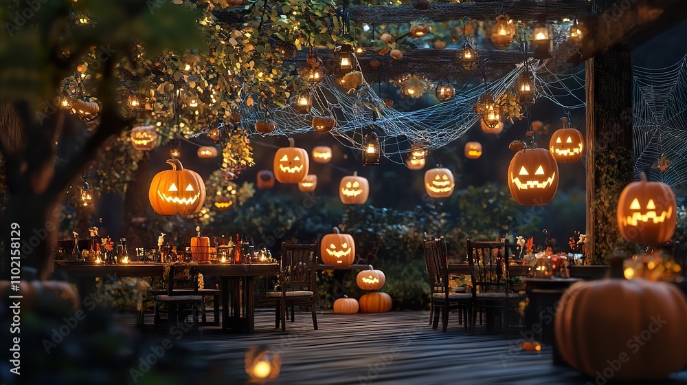 Obraz premium Festive Halloween outdoor dinner party with carved pumpkins, lights, and spiderwebs.