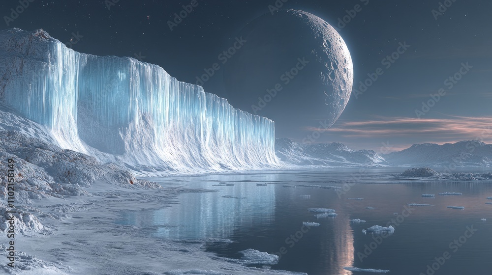Fototapeta premium Here's a description and keywords for your image.. Alien icy landscape with glowing waterfall and large moon.