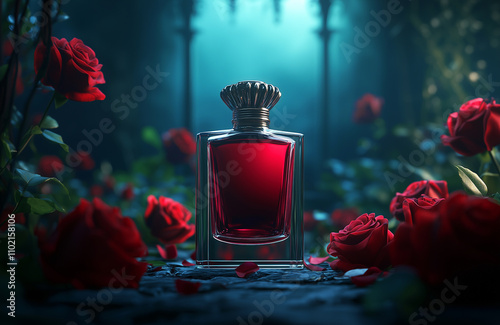 Fototapeta Naklejka Na Ścianę i Meble -  Glass perfume bottle with red liquid inside standing on a stone surface surrounded by red roses on blurred gothic background