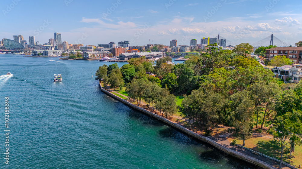 Naklejka premium Aerial View of Sydney Harbour Balmain Darling harbour Sydney CBD cockle Bay Wharf North Sydney harbour bridge Lavender Bay Milsons Point Manly on a warm summer day blue skies 