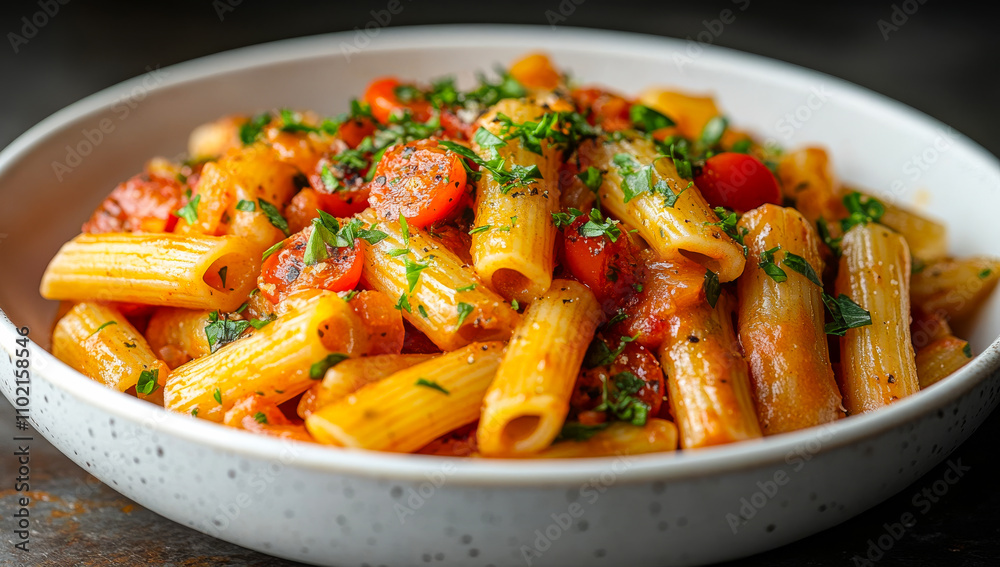 A bowl of pasta with red sauce and parsley. The pasta is long and the sauce is thick A bowl of pasta with red sauce and parsley. The pasta is long and the sauce is thick