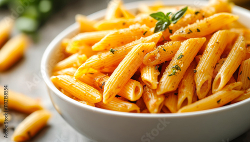 A bowl of pasta with a green herb on top. The pasta is yellow and looks delicious. The bowl is white and the pasta is spread out photo