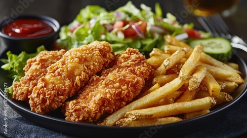 Crispy chicken tenders served with French fries, salad, and ketchup on a black plate.