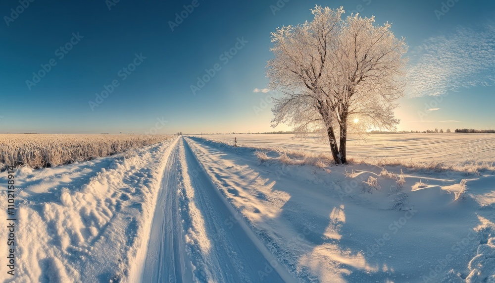 Frosty Tree by a Snowy Road in the Winter Sunset Frosty Tree by a Snowy Road in the Winter Sunset