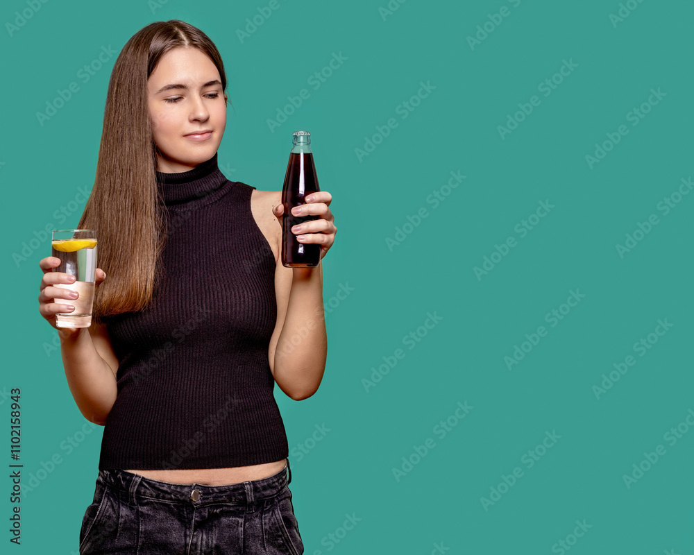 A teenage girl is faced with a choice - a healthy drink or a harmful sweet fizzy drink A teenage girl is faced with a choice - a healthy drink or a harmful sweet fizzy drink