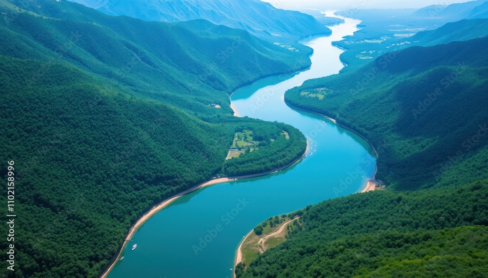 Fototapeta premium Serpentine river winding through lush green mountains. Aerial view of a tranquil lake, surrounded by forested hills.