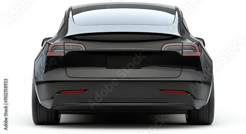A black car with red lights on the back. The license plate is black and has a white lettering