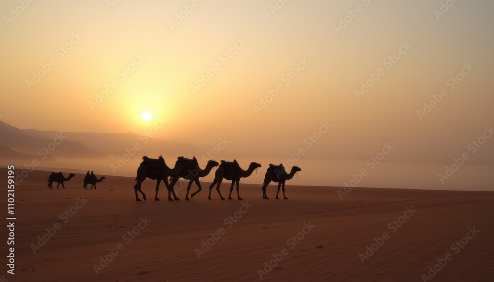 Silhouette of camel caravan at sunrise in desert. Silhouette of camel caravan at sunrise in desert.
