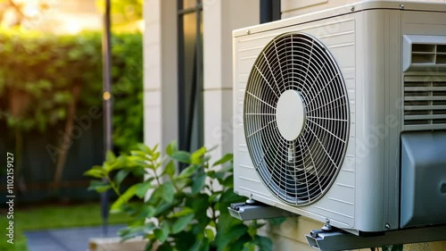 Air conditioning unit installed outside a modern home with greenery in the background during late afternoon