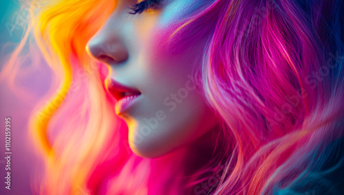 A woman with rainbow colored hair and makeup. The hair is long and the makeup is colorful. The woman has a bright and cheerful look