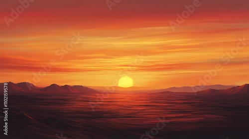 Warm sunset over a vast desert landscape with rolling dunes and distant mountains