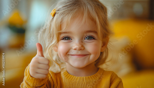 A young girl is smiling and giving a thumbs up. She is wearing a yellow sweater and has her hair in pigtails