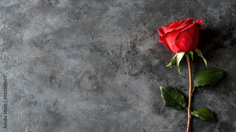Single red rose with green leaves on a textured gray concrete background Single red rose with green leaves on a textured gray concrete background
