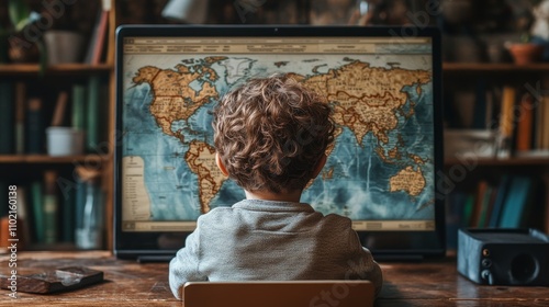 Young child exploring a world map on a computer screen