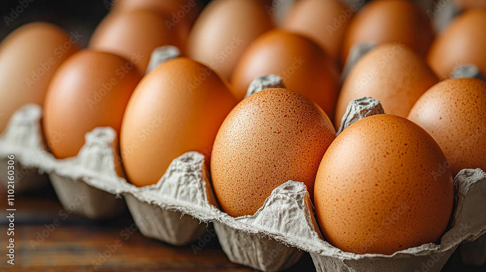 A carton of eggs with a white carton liner. The eggs are brown and appear to be fresh A carton of eggs with a white carton liner. The eggs are brown and appear to be fresh