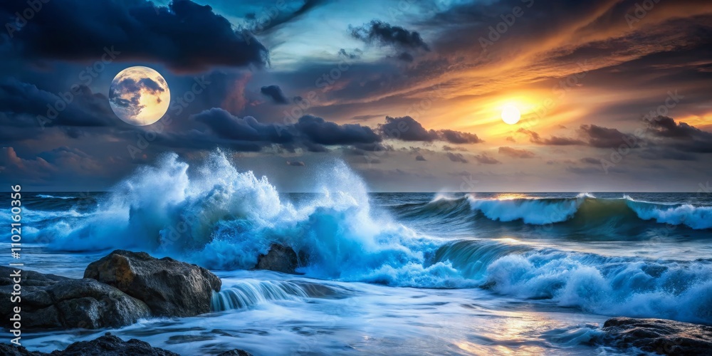 Naklejka premium Oceanic Harmony A Coastal Sunset with Full Moon and Crashing Waves