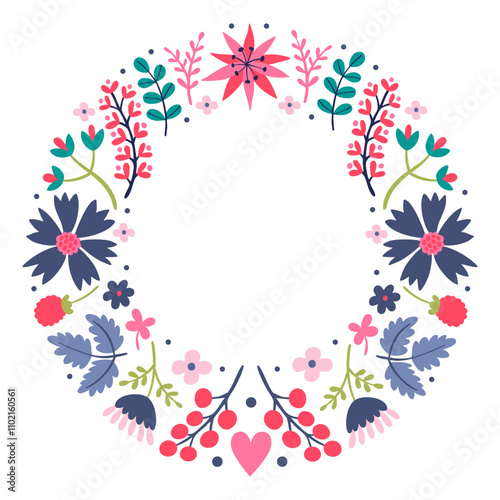 Wreath of flowers, twigs, leaves, pink purple color flat illustration on a white background.