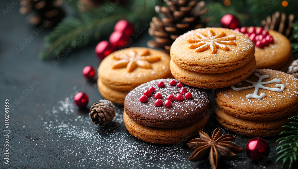 A stack of cookies with a red and white star on top. The cookies are decorated with icing and sprinkles A stack of cookies with a red and white star on top. The cookies are decorated with icing and sprinkles