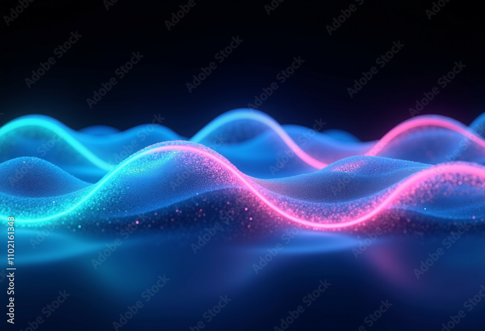 Abstract digital landscape with glowing neon waves and particles representing data flow or energy. Abstract digital landscape with glowing neon waves and particles representing data flow or energy.