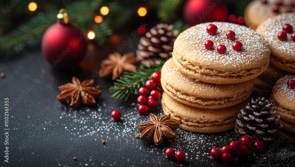 A stack of cookies with red berries on top and a pile of pine cones next to them. The cookies are covered in powdered sugar and the pine cones are scattered around the cookies A stack of cookies with red berries on top and a pile of pine cones next to them. The cookies are covered in powdered sugar and the pine cones are scattered around the cookies