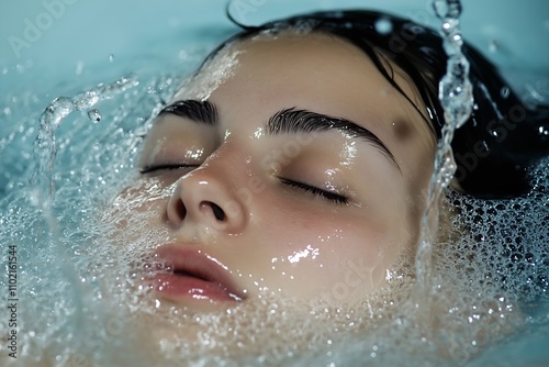 Serene Female Face Submerged in Clear Water with Bubbles in Relaxing Spa Setting : Generative AI