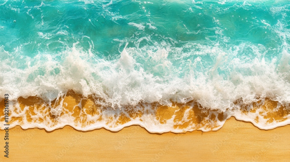 Obraz premium Waves crashing onto a sandy beach under a bright sun during a beautiful summer day