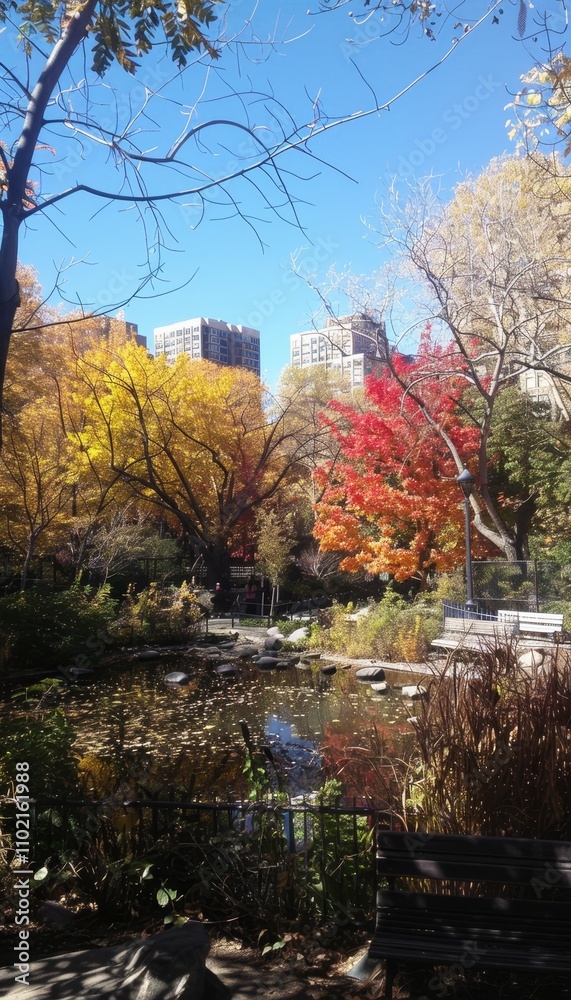 Serene urban park featuring a tranquil pond, colorful autumn foliage, and cozy benches Serene urban park featuring a tranquil pond, colorful autumn foliage, and cozy benches