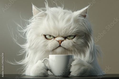 A fluffy white cat with a grumpy expression holds a white cup of coffee. photo