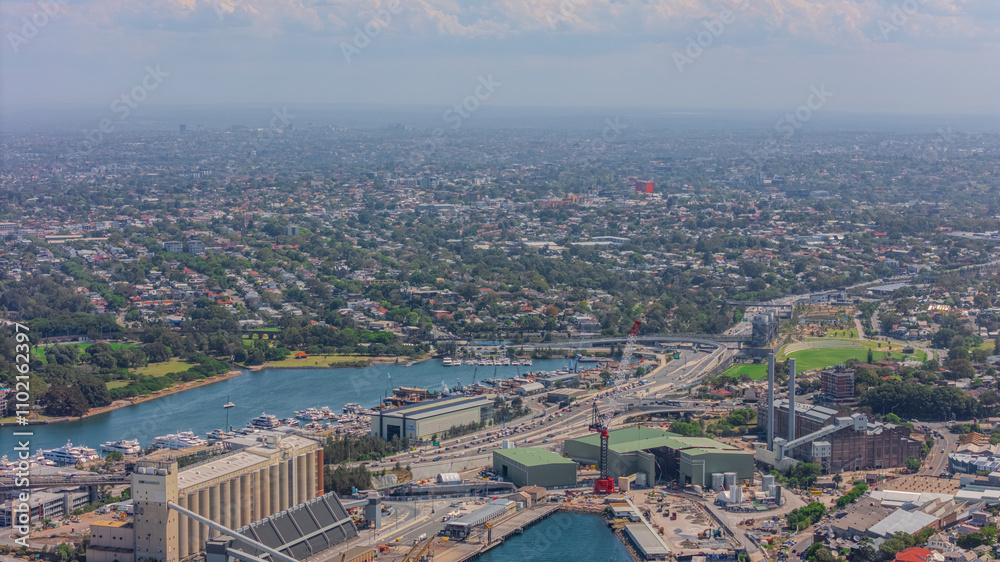 Obraz premium Aerial View of Sydney Harbour Balmain Darling harbour Sydney CBD cockle Bay Wharf North Sydney harbour bridge Lavender Bay Milsons Point Manly on a warm summer day blue skies 