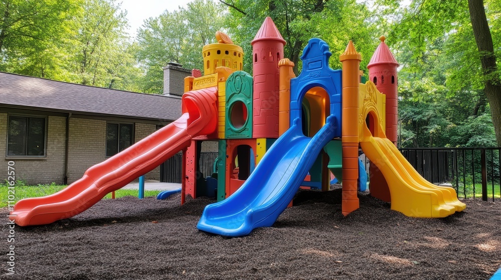A colorful home playground with a plastic slide, a sandpit castle area, and play tunnels A colorful home playground with a plastic slide, a sandpit castle area, and play tunnels