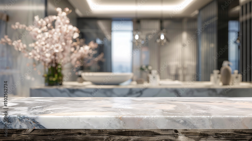 Blurred bathroom background with a marble counter table top, suitable for product display or design layout. Blurred bathroom background with a marble counter table top, suitable for product display or design layout.