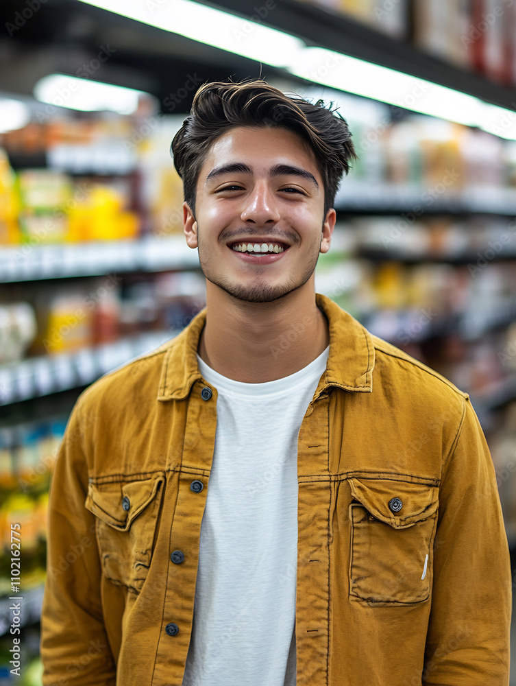 Fototapeta premium Smiling man in grocery aisle