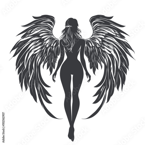 vector silhouette of a girl with angel wings tattoo on a white background .Generative AI