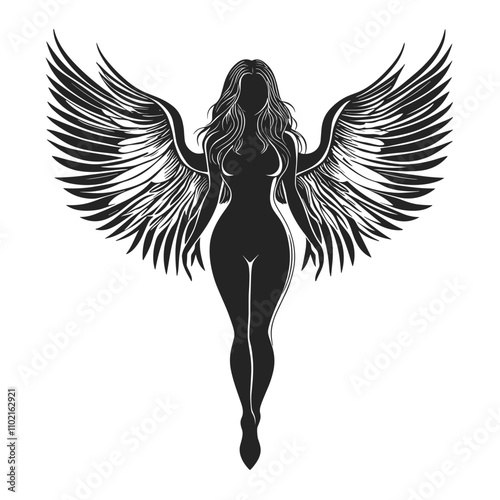 vector silhouette of a girl with angel wings tattoo on a white background .Generative AI