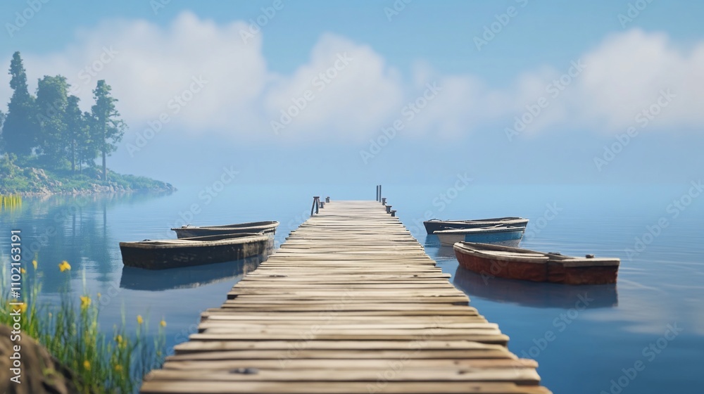 Naklejka premium Serene lake scene with wooden dock and small boats, peaceful misty morning.