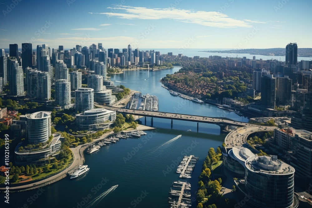Fototapeta premium A bird's-eye view of modern urban waterfronts and small moorings for yachts and boats.