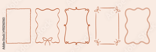 Vintage retro frame template in hand drawn greeting card for wedding, menu, birthday, friendsmas, stylish and modern party invitation design. Wavy frames with a bow in an elegant coquette style.