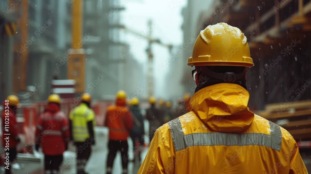 Group of inspection team in hardhats and high-visibility jackets construction site, showcasing teamwork and safety Group of inspection team in hardhats and high-visibility jackets construction site, showcasing teamwork and safety