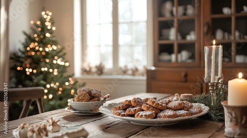 A cozy holiday scene featuring a table filled with Danish cookies and decorations, capturing the festive spirit.