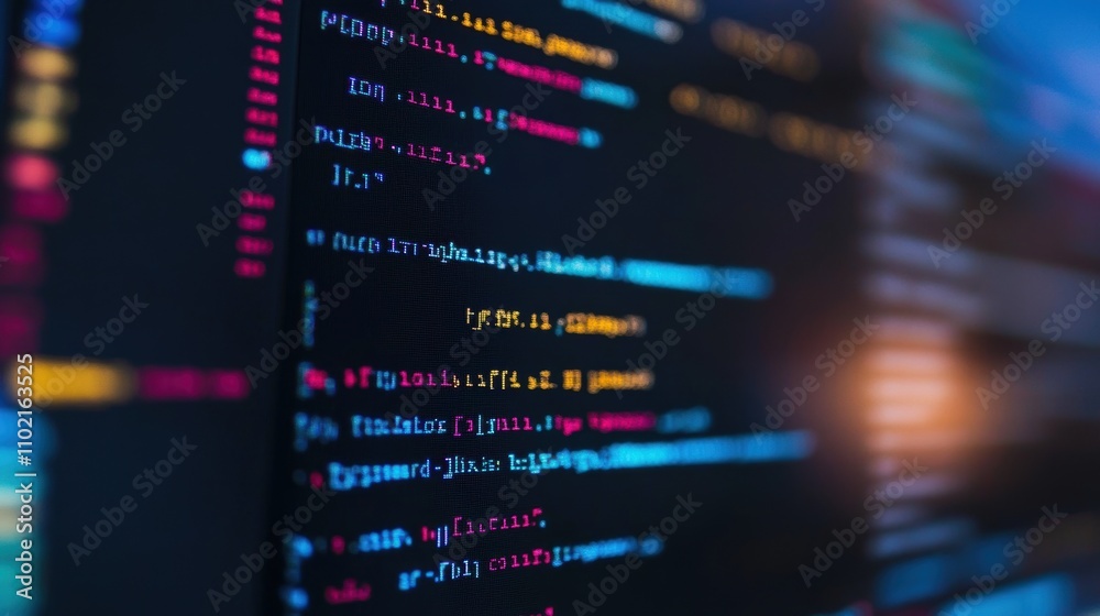 Colorful programming code displayed on a dark computer screen with blurred background. Colorful programming code displayed on a dark computer screen with blurred background.