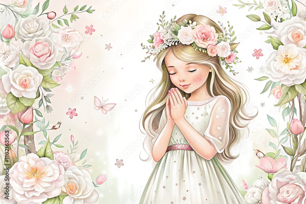 Enchanting illustration of a young girl with a floral crown in a prayerful pose among roses
