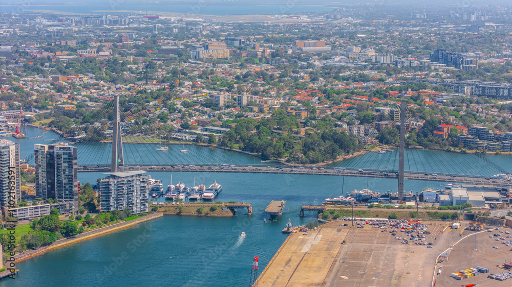 Obraz premium Aerial View of Sydney Harbour Balmain Darling harbour Sydney CBD cockle Bay Wharf North Sydney harbour bridge Lavender Bay Milsons Point Manly on a warm summer day blue skies 