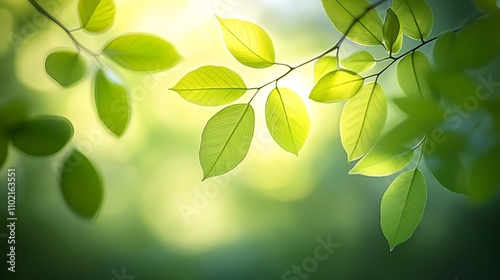 Vibrant Green Leaves Against a Soft Sunlit Background Evoking Tranquility and Natural Beauty : Generative AI