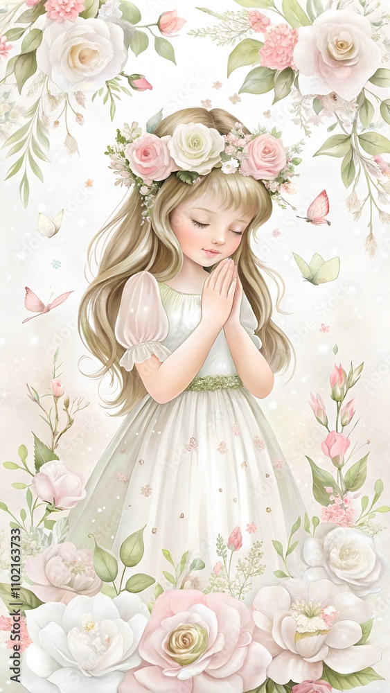 Enchanting illustration of a young girl with a floral crown in a prayerful pose among roses
