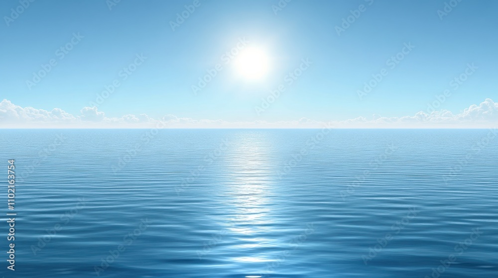 Calm ocean waters reflecting sunlight on a clear day with minimal clouds in the sky Calm ocean waters reflecting sunlight on a clear day with minimal clouds in the sky