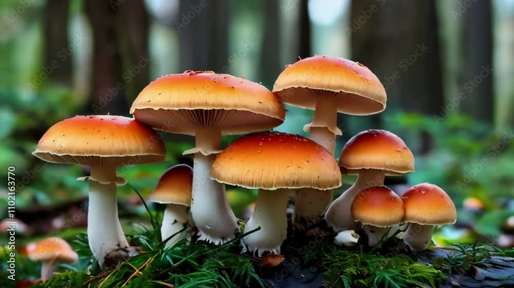 White and orange cap mushrooms growing in the woods created with generative ai White and orange cap mushrooms growing in the woods created with generative ai